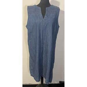 Talbots Dress Womens 16 Blue Chambray Sleeveless V Neck Shift Casual Knee Length